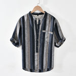 Buddha Stones Summer Vintage Mandarin Collar Button Up Striped Linen Men's Shirts With Patch Pocket
