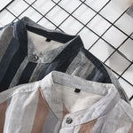 Buddha Stones Summer Vintage Mandarin Collar Button Up Striped Linen Men's Shirts With Patch Pocket