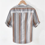 Buddha Stones Summer Vintage Mandarin Collar Button Up Striped Linen Men's Shirts With Patch Pocket