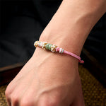 Buddha Stones Handmade Braided Chinese Knotting Peach Blossoms Jade Luck Adjustable Bracelet