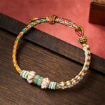 Buddha Stones Handmade Braided Chinese Knotting Peach Blossoms Jade Luck Adjustable Bracelet
