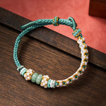 Buddha Stones Handmade Braided Chinese Knotting Peach Blossoms Jade Luck Adjustable Bracelet