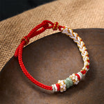 Buddha Stones Handmade Braided Chinese Knotting Peach Blossoms Jade Luck Adjustable Bracelet