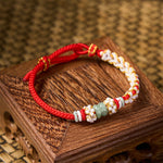 Buddha Stones Handmade Braided Chinese Knotting Peach Blossoms Jade Luck Adjustable Bracelet