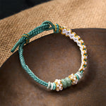 Buddha Stones Handmade Braided Chinese Knotting Peach Blossoms Jade Luck Adjustable Bracelet