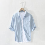 Buddha Stones Summer Casual Minimalist Button-Up Solid Cotton Linen Men's Short Sleeve Shirts With Pocket