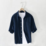 Buddha Stones Summer Casual Minimalist Button-Up Solid Cotton Linen Men's Short Sleeve Shirts With Pocket