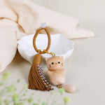 Buddha Stones Beech Wood Lucky Cat Handmade Tassel Keychains