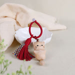 Buddha Stones Beech Wood Lucky Cat Handmade Tassel Keychains