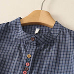 Buddha Stones Summer Casual Vintage Mandarin Collar Button-Up Plaid Women's Short Sleeve Shirts With Pocket