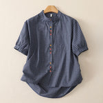 Buddha Stones Summer Casual Vintage Mandarin Collar Button-Up Plaid Women's Short Sleeve Shirts With Pocket