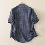 Buddha Stones Summer Casual Vintage Mandarin Collar Button-Up Plaid Women's Short Sleeve Shirts With Pocket