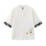 Buddha Stones Summer Tang Style Vintage Frog Button Crane Men's Short Sleeve Shirts
