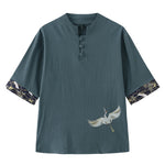 Buddha Stones Summer Tang Style Vintage Frog Button Crane Men's Short Sleeve Shirts