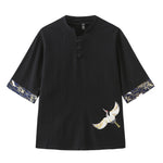 Buddha Stones Summer Tang Style Vintage Frog Button Crane Men's Short Sleeve Shirts