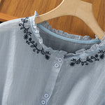 Buddha Stones Summer Casual Vintage Light Blue Embroidery Button-Up Solid Women's Elbow-Length Sleeve Shirts