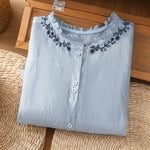 Buddha Stones Summer Casual Vintage Light Blue Embroidery Button-Up Solid Women's Elbow-Length Sleeve Shirts