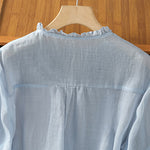 Buddha Stones Summer Casual Vintage Light Blue Embroidery Button-Up Solid Women's Elbow-Length Sleeve Shirts