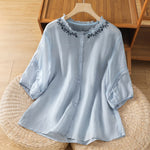 Buddha Stones Summer Casual Vintage Light Blue Embroidery Button-Up Solid Women's Elbow-Length Sleeve Shirts