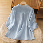 Buddha Stones Summer Casual Vintage Light Blue Embroidery Button-Up Solid Women's Elbow-Length Sleeve Shirts