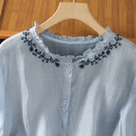 Buddha Stones Summer Casual Vintage Light Blue Embroidery Button-Up Solid Women's Elbow-Length Sleeve Shirts