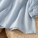 Buddha Stones Summer Casual Vintage Light Blue Embroidery Button-Up Solid Women's Elbow-Length Sleeve Shirts