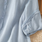 Buddha Stones Summer Casual Vintage Light Blue Embroidery Button-Up Solid Women's Elbow-Length Sleeve Shirts