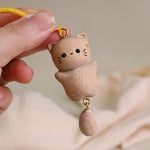 Buddha Stones Beech Wood Lucky Cat Handmade Tassel Keychains