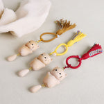 Buddha Stones Beech Wood Lucky Cat Handmade Tassel Keychains