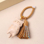 Buddha Stones Beech Wood Cat Peace Tassel Bag Charm Keychains