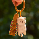 Buddha Stones Beech Wood Cat Peace Tassel Bag Charm Keychains