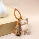 Buddha Stones Beech Wood Cat Peace Tassel Bag Charm Keychains
