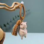 Buddha Stones Beech Wood Cat Peace Tassel Bag Charm Keychains