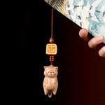Buddha Stones Beech Wood Hand Carved Lucky Cat Phone Hanging Decoration