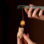 FREE Today: Calm Energy Beech Wood Hand Carved Lucky Cat Phone Hanging Decoration