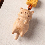 Buddha Stones Beech Wood Hand Carved Lucky Cat Phone Hanging Decoration