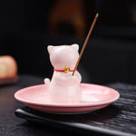 Buddha Stones Ceramic Kawaii Cat Incense Burner with Ash Catching Tray Without Incense