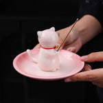 Buddha Stones Ceramic Kawaii Cat Incense Burner with Ash Catching Tray Without Incense