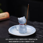 Buddha Stones Ceramic Kawaii Cat Incense Burner with Ash Catching Tray Without Incense