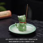 Buddha Stones Ceramic Kawaii Cat Incense Burner with Ash Catching Tray Without Incense