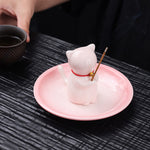 Buddha Stones Ceramic Kawaii Cat Incense Burner with Ash Catching Tray Without Incense