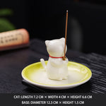 Buddha Stones Ceramic Kawaii Cat Incense Burner with Ash Catching Tray Without Incense