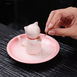 Buddha Stones Ceramic Kawaii Cat Incense Burner with Ash Catching Tray Without Incense