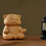 Buddha Stones Wood Meditating Cat Enlightenment Hand Carved Cute Animal Decor