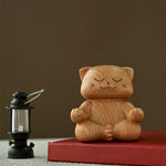 Buddha Stones Wood Meditating Cat Enlightenment Hand Carved Cute Animal Decor