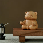 Buddha Stones Wood Meditating Cat Enlightenment Hand Carved Cute Animal Decor
