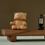 Buddha Stones Wood Meditating Cat Enlightenment Hand Carved Cute Animal Decor