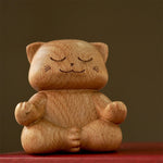 Buddha Stones Wood Meditating Cat Enlightenment Hand Carved Cute Animal Decor