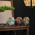 Buddha Stones Kiln-Change Glaze Ceramic Chinese Zodiac Ram Prosperity Cute Animal Decor