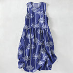 Buddha Stones Summer Casual Lotus Line Art Pattern Women's Summer Sleeveless Midi Dress With Pockets